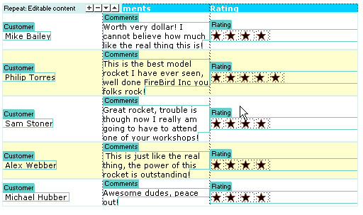 Customer comments data table