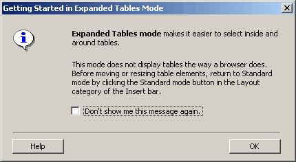 Getting started in Expanded Tables Mode dialog box