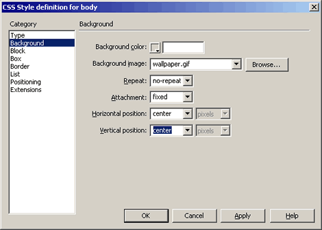 The CSS Style Definition dialog box for the body tag