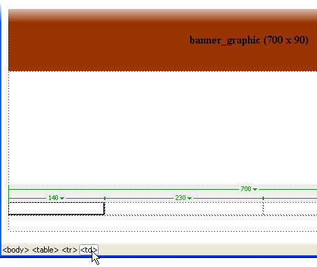 Using the tag selector to select the table cell