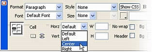 Selecting Center from the Horz pop-up menu and Top from the Vert pop-up menu
