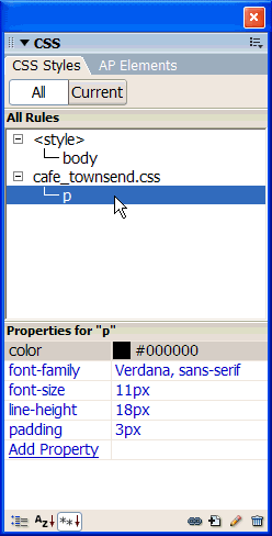 All of the properties and values in the Properties pane