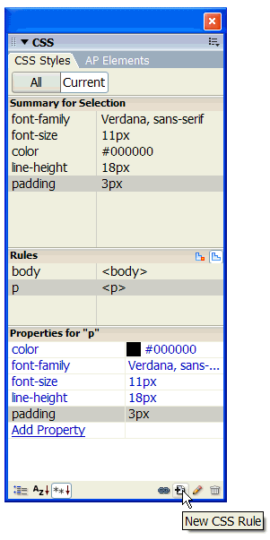 Clicking New CSS Rule in the lower-right corner of the panel