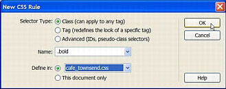 Selecting cafe_townsend.css from the Define In pop-up menu