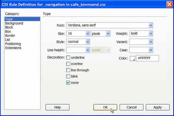 Entering the values for the .navigation rule