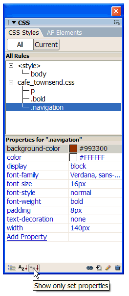 Clicking Show Set Properties so that only your set properties appear in the Properties pane