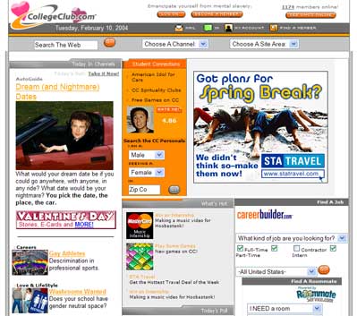 Screenshot of College Club home page