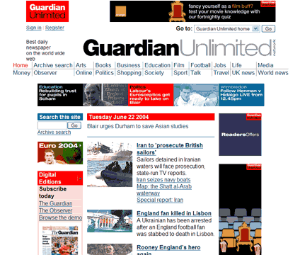 Competing strong colours on Guardian's homepage